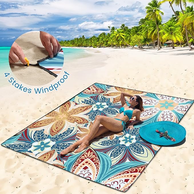 Beach Blanket Waterproof Sandproof Beach Mat for 1-8 Adults Quick Drying Durable Outdoor Picnic Mat for Beach Festival Travel Camping Hiking (Flourishing Blossom-R&GN, 79"×83"(4 Person))