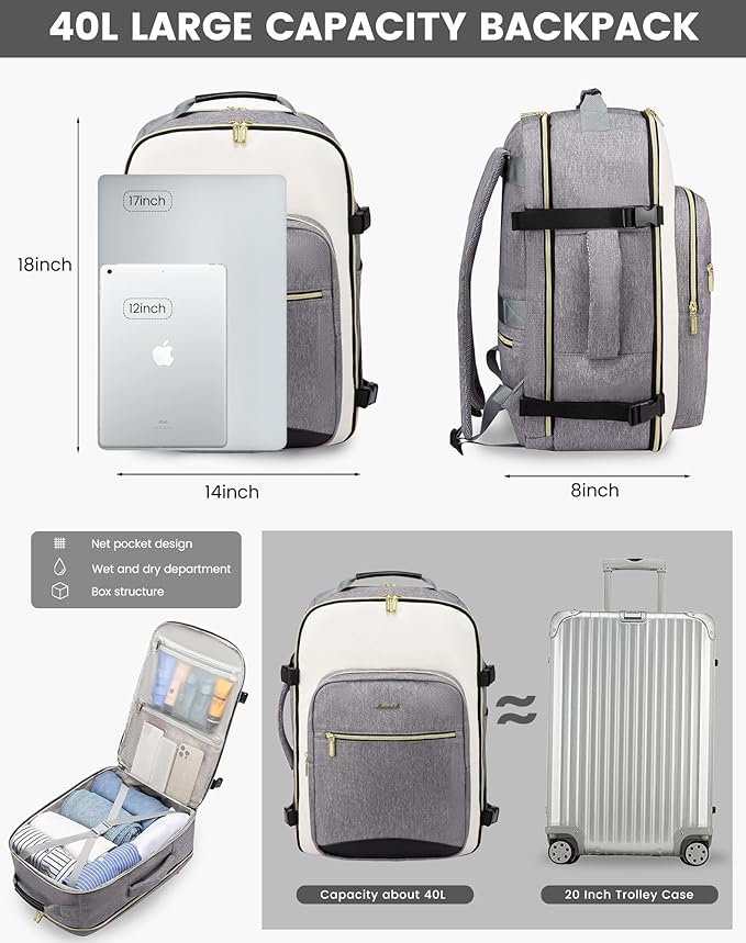 LOVEVOOK Large Travel Backpack for Women & Men, Carry on Backpack Airline Approved, TSA Personal Item Travel Bag fits 17" Laptop, 40L Waterproof Travel Essentials Sports Backpack with 3 Packing Cubes
