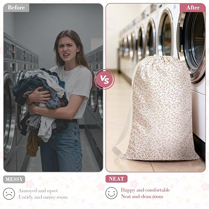 College Laundry Bag 29"×18", Waterproof Dirty Clothes Bag with Handles & Locking Drawstring, Large Capacity Floral Laundry Backpack for Dorm, Laundromat, Apartment, Travel & Camping (Pink)
