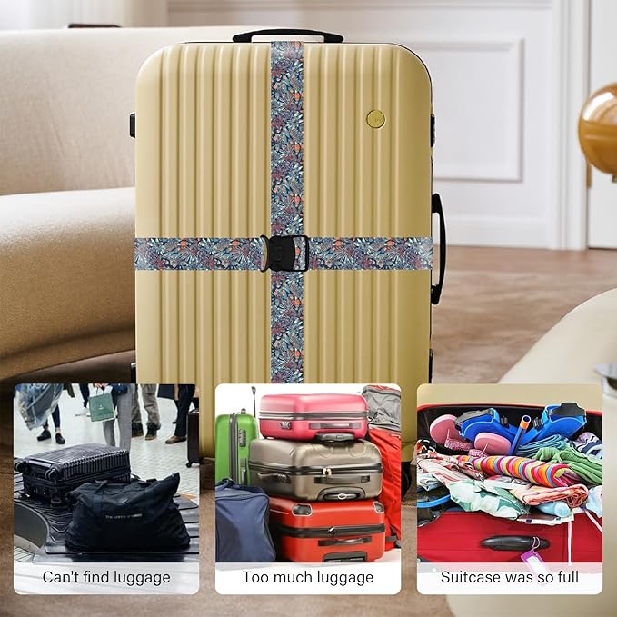 Luggage Straps for Suitcases, Travel Adjustable Belt with Quick Release Buckle, Heavy Duty Nylon Bag Packing Strap, Unique Bright Identifiers Business Travel Accessories (2 Pack) - Blue Flowers