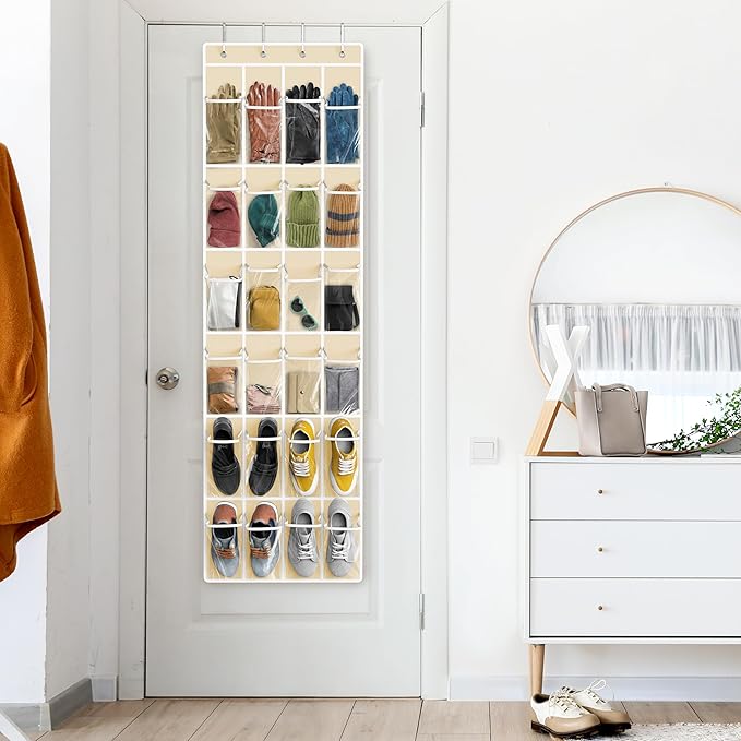 Simple Houseware 24 Pockets - Crystal Clear Over The Door Hanging Shoe Organizer, Beige (64'' x 19'')