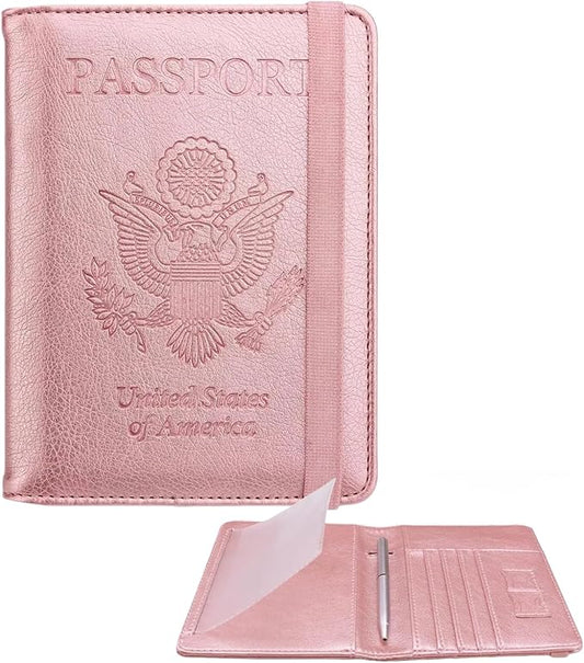 WALNEW Passport Holder for Travel, RFID Passport Cover Wallet for Women Men, PU Leather Passport Book Card Holder Case with Pen (Upgraded, Upgraded-Rosegold)