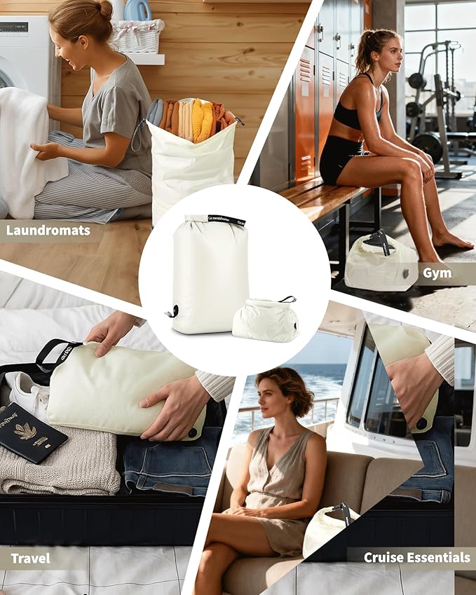 Travel Compression Laundry Bag for Dirty Clothes, Pump-Free Vacuum Space Saver Bag, Reusable Waterproof Wet Dry Bag, Travel Laundry Bag for Luggage, Packing, Suitcase (1 Pcs)（White, L)