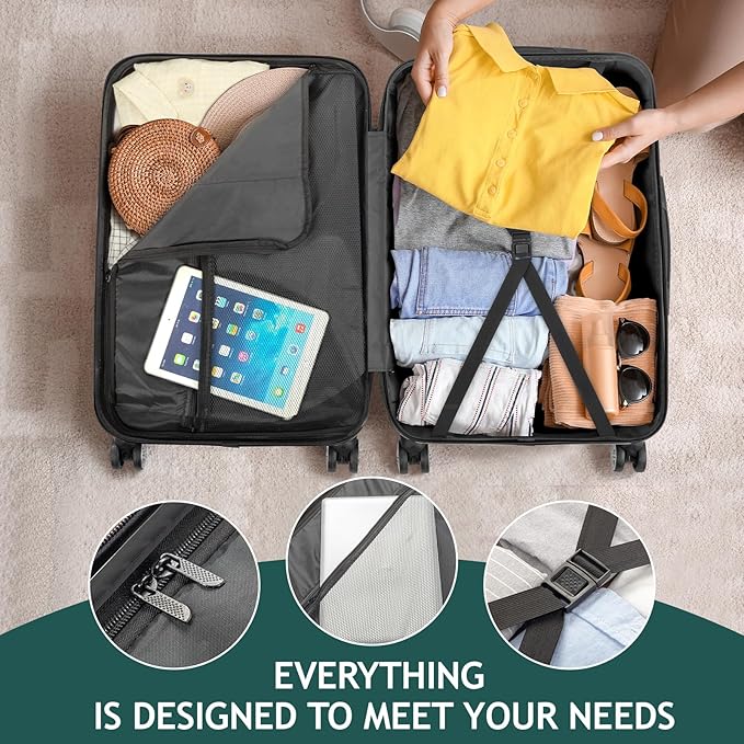 Karl home Luggage Sets 3 Piece, Hardside Carry on Suitcase Sets with Spinner Wheels & TSA lock, Portable Lightweight ABS Luggages for Travel, Business - Dark Green, 20/24/28in