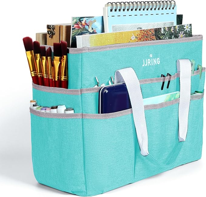 JJRING Craft Organizer Tote Bag, Large Art Storage Caddy with Multiple Pockets, Sky Blue Sewing Bag for Art, Craft, Scrapbooking, School, Medical, and Office Supplies Storage