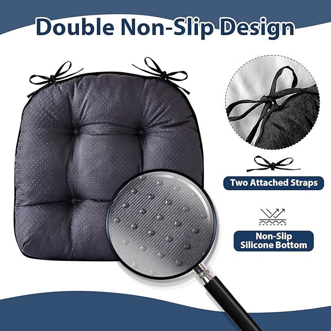 Chair Cushions for Dining Chairs, Seat Cushions for Kitchen Chairs, Indoor Seat Cushions with Ties, Tufted Foam Chair Pads, Non Slip Chair Cushions Set of 2, 15.5" x 15.5" x 4", Black