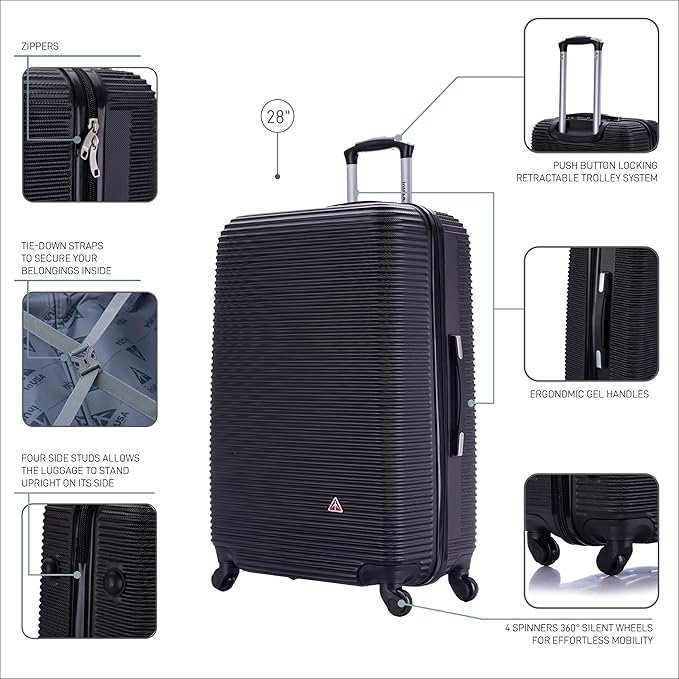 InUSA ROYAL Hardside Spinner Luggage with Ergonomic Handles | Spacious Travel Suitcase with Four Spinner Wheels and Studs | 28 Inch Large Hardside Spinner Luggage | Black