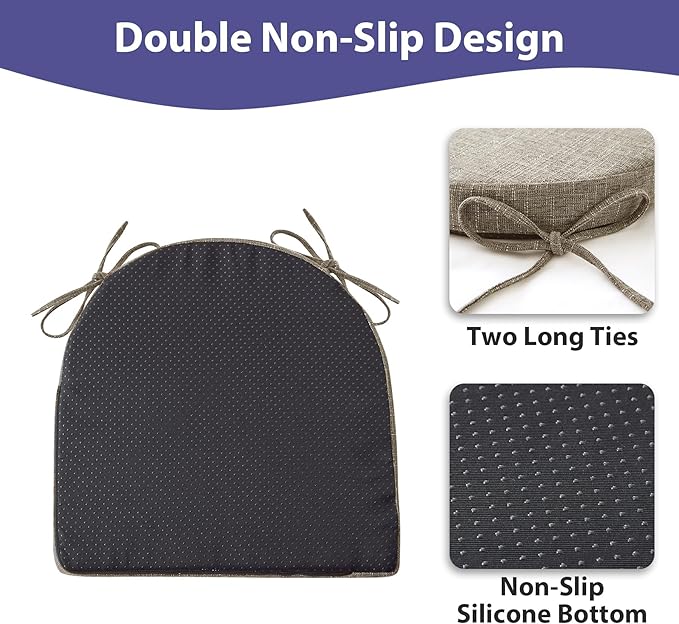 Chair Cushions for Dining Chairs with Ties and Removable Cover, Dining Kitchen Chair Pads with Non-Slip Bottom, High-Resilience Indoor Seat Cushions, 16'' x 16'' x 2'', Set of 6, Khaki