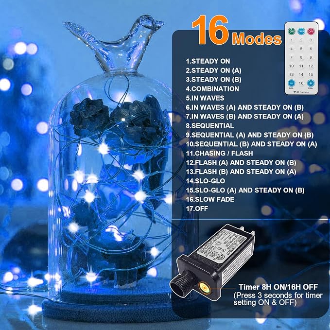 Fairy Lights Plug in, 33Ft 100 LEDs Waterproof Twinkle Firefly Lights, Adaptor Included, Starry String Lights for Wedding Indoor Outdoor Christmas Patio Garden Decoration, Blue