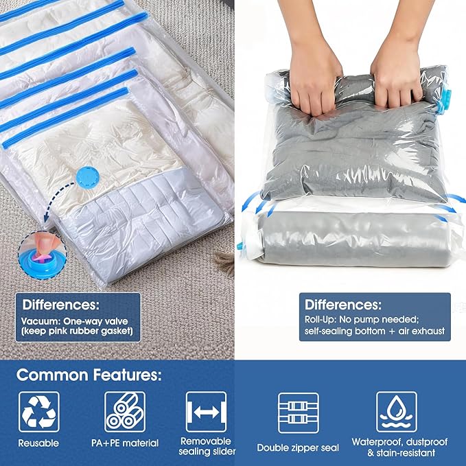 AROIC 50 Pack Vacuum Storage Bags, 5 Sizes + 2 Roll-up (8 Each) Space Saver Vacuum Sealer Bags for Clothing with 1 Electric Pump and 1 Hand Pump, Seasonal Storage Bags for Luggage, Travel Essentials