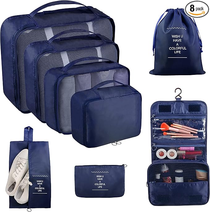 Packing Cubes, 8 Pcs Travel Packing Organizers for Suitcases, Large Capacity Travel Luggage Organizers Set includes 8 Storage Bags, Travel Essentials for Women or Men (Navy Blue)