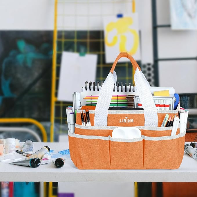 JJRING Craft Organizer Tote Bag, Art Storage Caddy with Multiple Pockets, Orange Sewing Bag for Art, Craft, Scrapbooking, School, Medical, and Office Supplies Storage