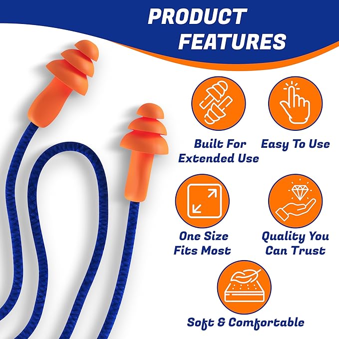 50 Pair Silicone Corded Ear Plugs Reusable - Gun Range Hearing Protection for Shooters Hunters Lawn Mower Sleeping Construction Worker Safety Sports - Bulk Shooting Ear Protection for Men Women Adult