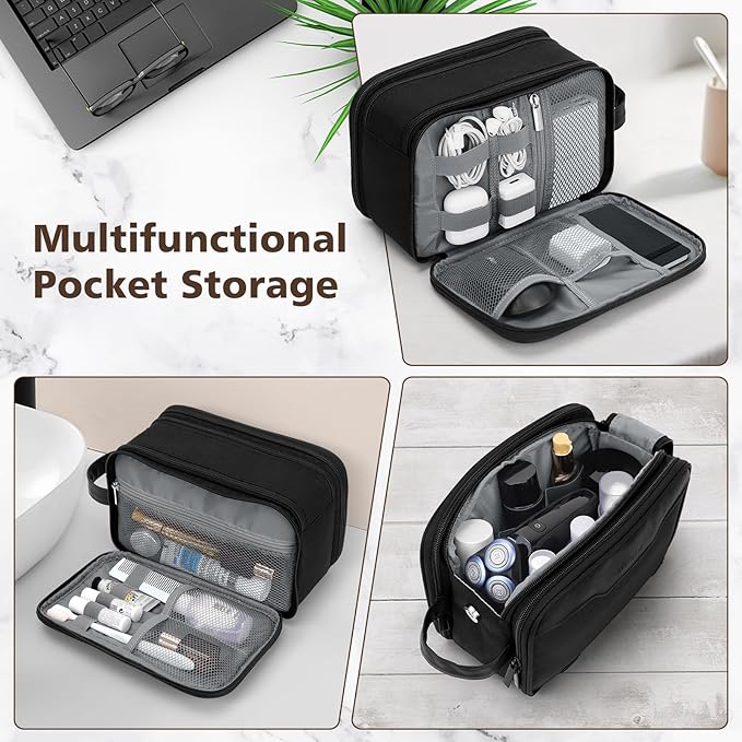 Wedama Toiletry Bag for Men, Medium Hanging Travel Toiletry Bag, Extra Electronic Organizer Bag Waterproof Shaving Bag for Toiletries with PU Handle for Travel Business Trips Swim Camping, Black