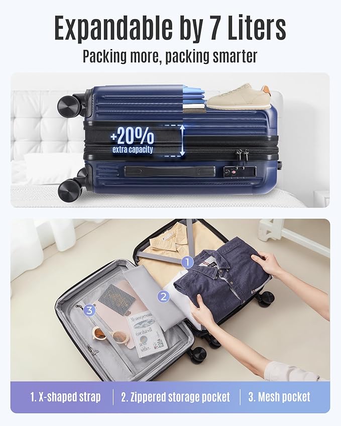 LIGHT FLIGHT Carry On Luggage 22x14x9 Airline Approved, Durable Hard Shell Carry On Suitcases with Wheels, Expandable Hardside Lightweight Travel Luggage with TSA Lock 20 Inch Carry on, Dark Blue