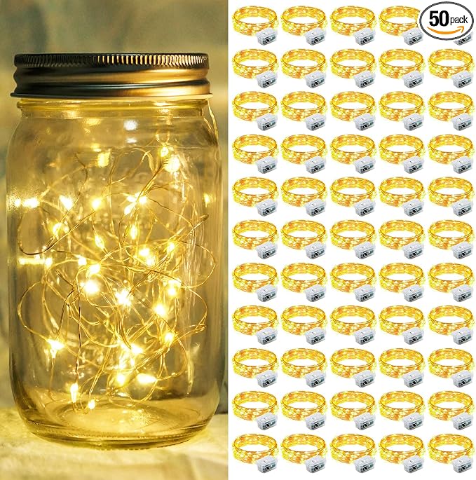 50 Pack Fairy Lights 7Ft 20 LED Twinkle String Lights 3 Modes Battery Operated Waterproof Firefly Starry for Mason Jar Wedding Birthday Party Table Centerpieces Bedroom Christmas,Warm White
