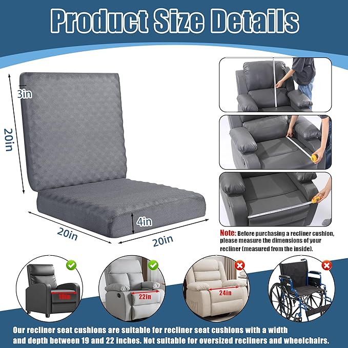 BALAPET Recliner Cushions for Long Sitting, Egg Crate Foam Recliner Cushion for Elderly Reduces Muscle Fatigue and Provides Air Flow, Extra Large Non-Slip Seat Cushion with Back Support(20*20*4in)