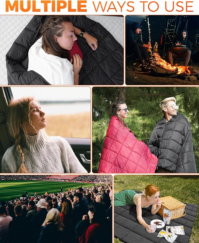 KingCamp Ultralight Camping Blanket, Packable Down Alternative Puffy Wearable Blankets Weatherproof Warm Package Quilt with Snap Buttons for Outdoor Hiking Travel Picnic Stadium (78.7" x 56.7", BLACK)