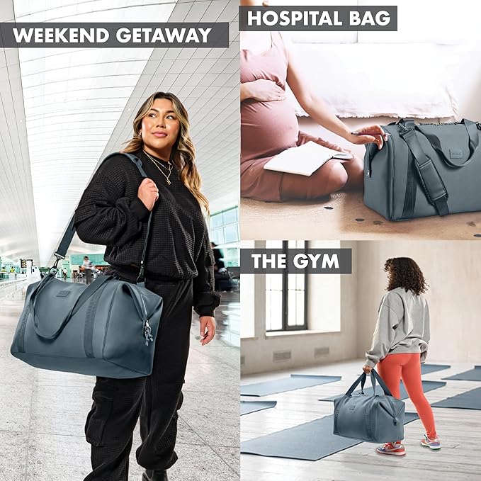 Fit & Fresh Neoprene Weekender Bag for Women – Carry-On Friendly Travel Duffel with Expandable Sides, Trolley Sleeve & Pockets – Lightweight, Water-Resistant Overnight Bag for Weekend Trips + Gym
