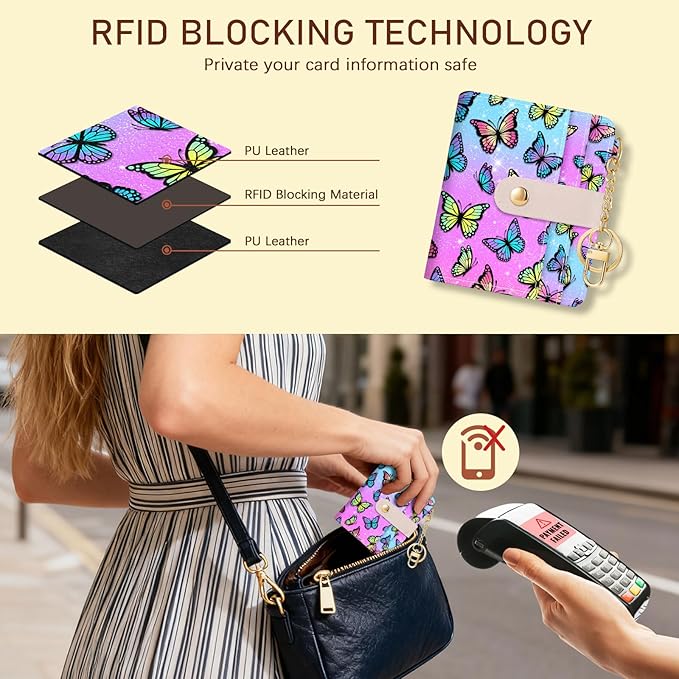 Jogjam Butterfly Rfid Women Wallet, Small Slim Thin Credit Card Wallet, PU Leather Bifold Cash Zipper Coin Pocket ID Window for Female Ladies Teen Girls Girly