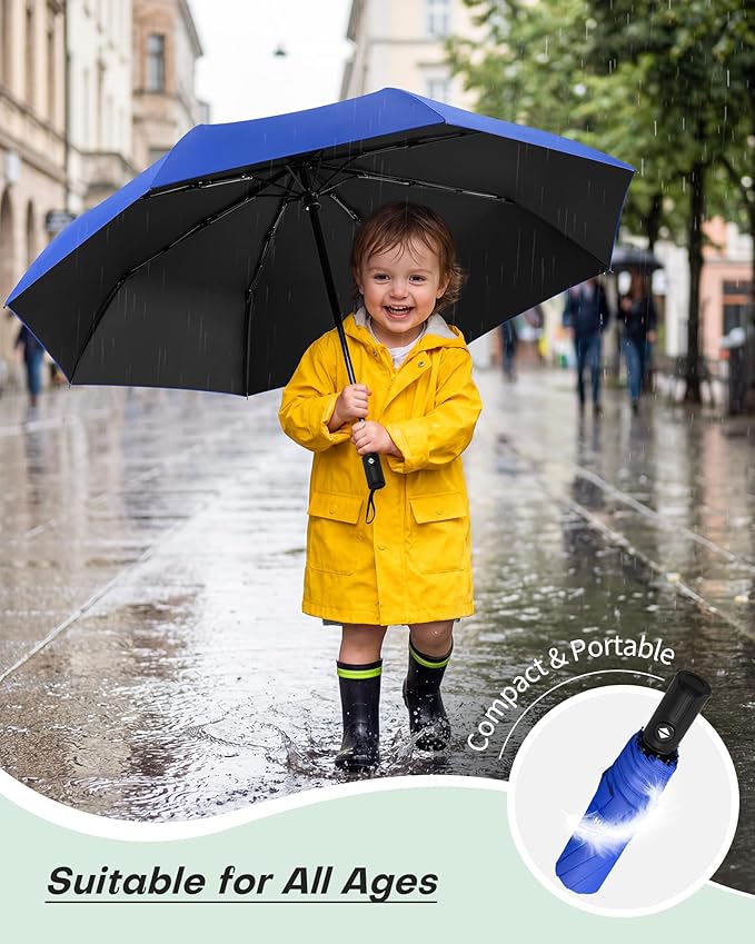 HIPPIH Compact Travel Umbrella for Rain - Windproof Automatic Umbrellas, UV Umbrella for Sun Protection with Black Anti-UV Coating, Portable Small Umbrellas for Backpack, Car, Walking, Kids, Women