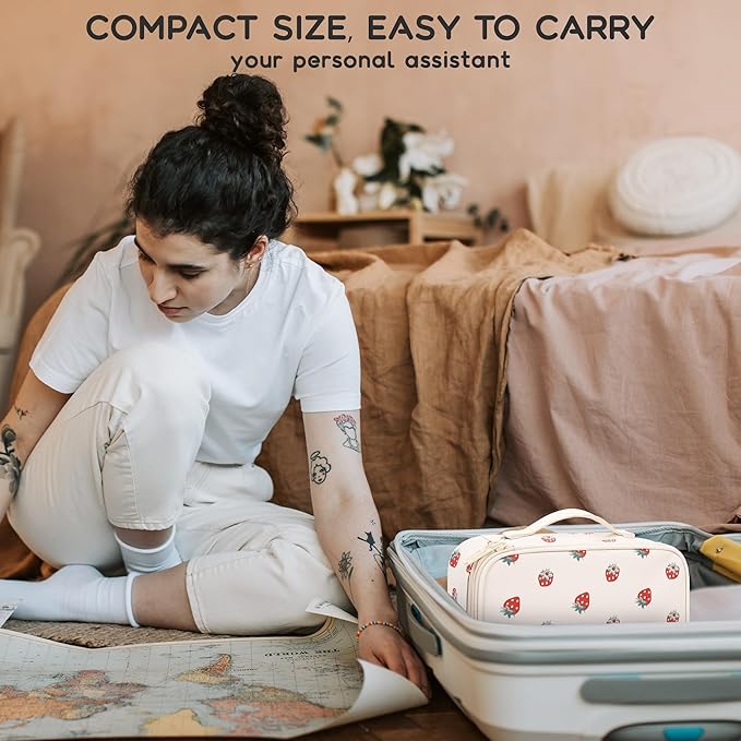 Relavel Makeup Bag, Small Makeup Bag for Women, Travel Cosmetic Bag, 2 Layers Waterproof Makeup Organizer Storage with Makeup Brush Holder, White Straberry