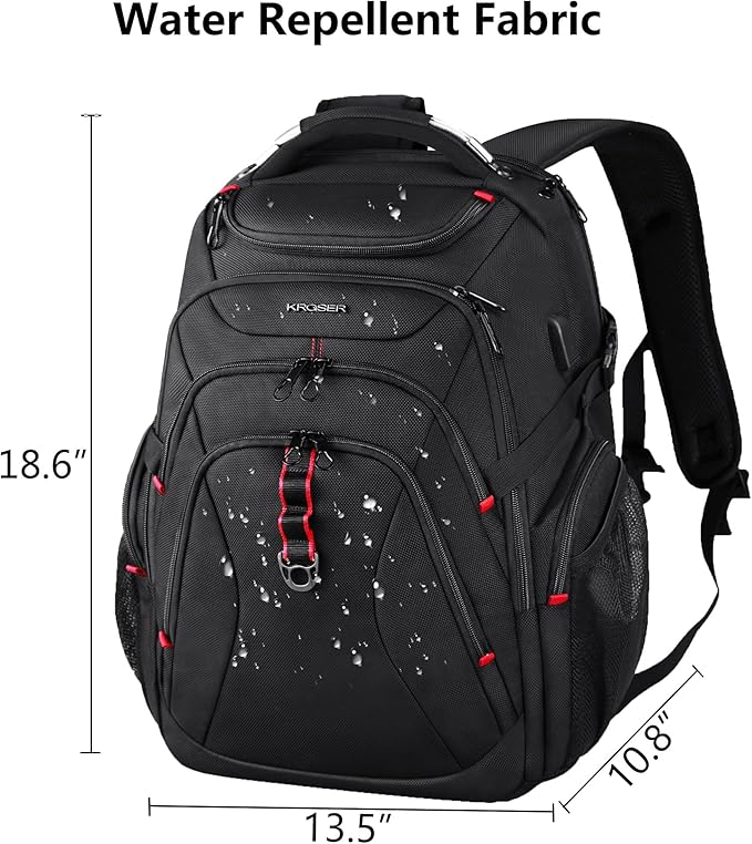 KROSER Travel Laptop Backpack 17.3 Inch XL Computer Backpack with Hard Shell Saferoom RFID Pockets Water-Repellent Business College Daypack Stylish Bag for Men/Women-Black