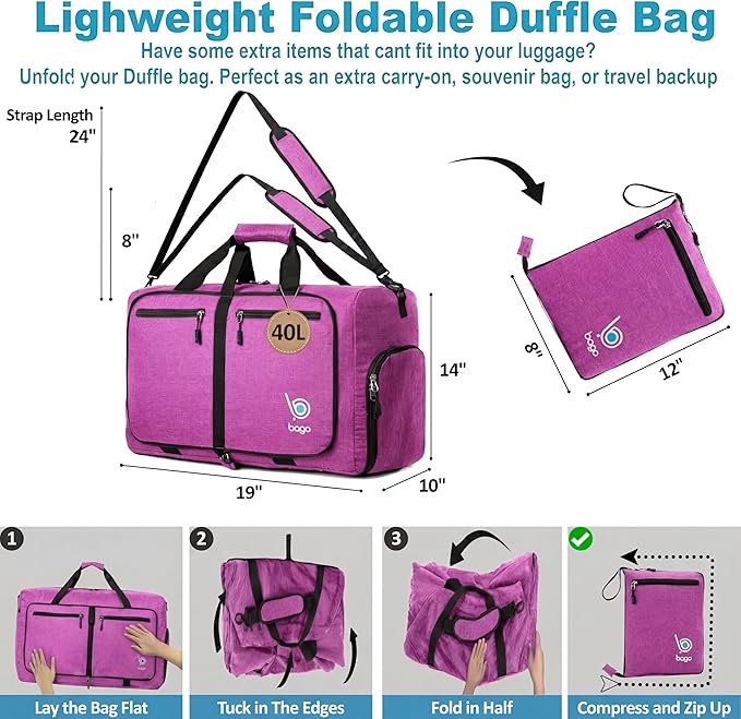 Bago Compact Duffle Bag for Travel Women & Men. Durable Lightweight Foldable Travel Duffel Bags For Traveling Women. 40L Duffle Bags a Reliable Weekender duffel or Overnight Bag With Shoe Compartment