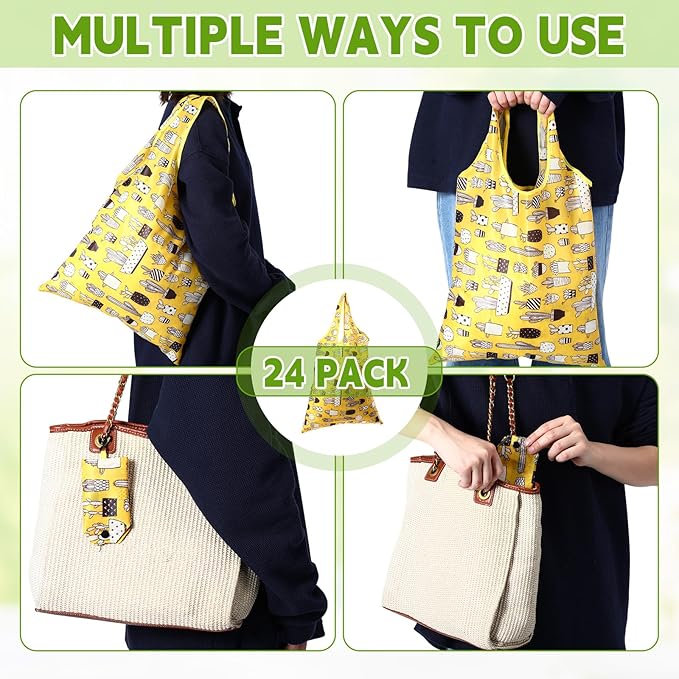 Paterr 24 Pcs Foldable Reusable Shopping Bag Recycle Travel Grocery Bag Fold to Pocket Tote Bulk for Daily Supplies Load