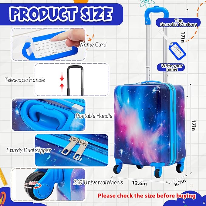 Redbaker 17 Inch 6 Pcs Kids Luggage Set Kids Rolling Luggage Double Pattern Suitcase for Boys Girls (Blue Purple, Starry Sky Style)