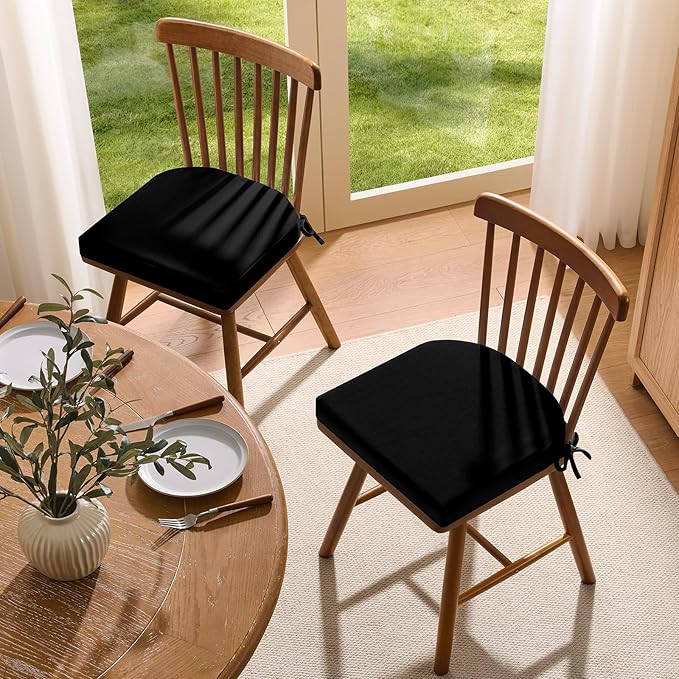 downluxe Chair Cushions for Dining Chairs, Memory Foam Linen Kitchen Chair Pads with Ties, Waterproof, Stain-Resistant and Washable Cover, 17" x 16" x 2.5", Black, 4 Pack