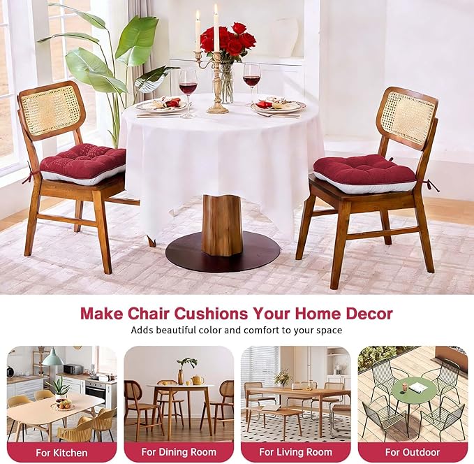 BETU Chair Cushions for Dining Chairs Set of 2,3.5" Thick Kitchen Table Chair Pads with Ties,Non Slip Backing and Covers, Christmas Decor Seat Cushion for Dining Room,Bar,Patio Chairs,16"X16"X3.5",Red