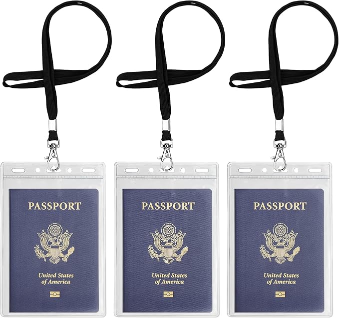3 Pack Clear Plastic Passport Badge Holders with Lanyard, 4x6 Inch Vertical No Zipper ID Card Holder with Black Lanyard Extra Large ID Badge Holder for Passport