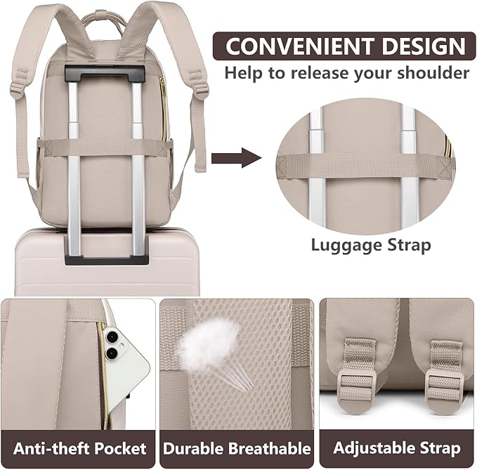Laptop Backpack for Women Work Bag - 15.6 inch Travel Backpack Purse with USB Charger College Bookbag Waterproof Cute Casual Daypack Fashion Business Computer Backpacks for Teacher Nurse Beige Nude