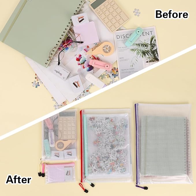 EOOUT 64pcs Mesh Zipper Pouch Bags, 8 Sizes Plastic Bags, 15 Colors Waterproof Pouches with Slide Fastener for Organization, Multipurpose for Travel, School Supplies, Office and Home Organization
