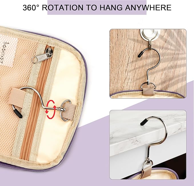 Hanging Travel Toiletry Bag for Women and Men, 6 Organizer Compartments, Large Toiletries essentials, Bathroom Cosmetic Accessories, Water-resistant Makeup Bag, Holds Full-Size Shampoo, Purple