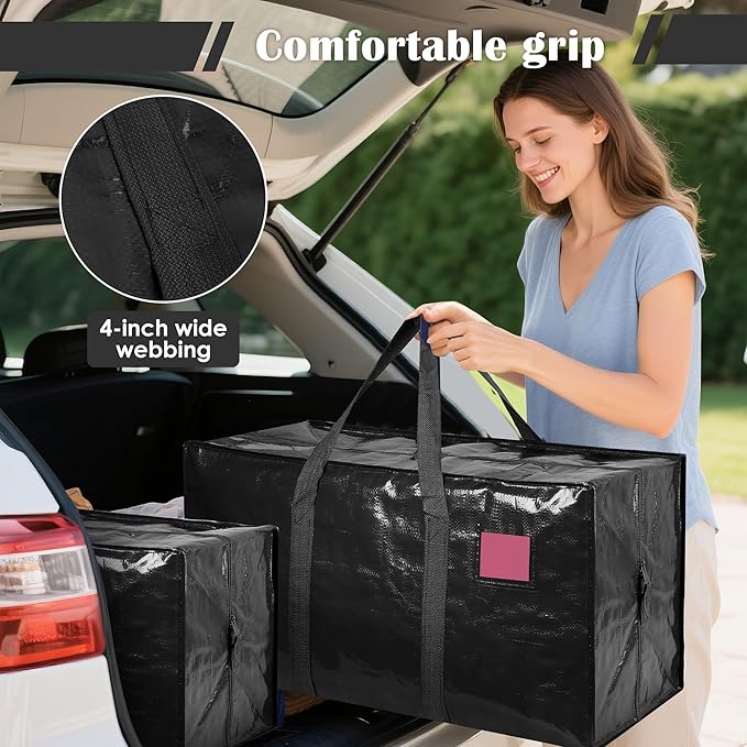 6 Pack Extra Large Heavy Duty Moving Bags with Reinforced Zipper & Wide Handles, Moisture-Resistant Storage Bins Packing Cubes for Clothes, College Dorm, Travel, and Home Organization, Black