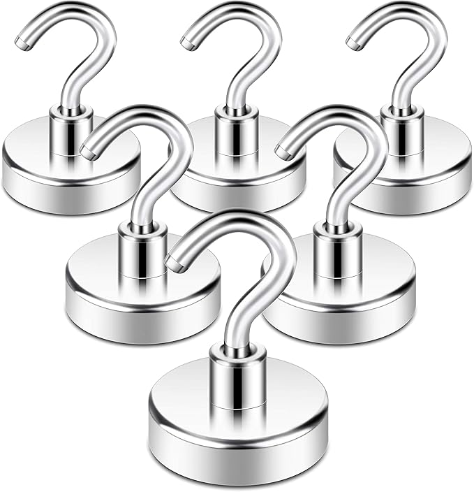 Neosmuk Magnetic Hooks,Heavy Duty Earth Magnets with Hook for Refrigerator, Extra Strong Cruise Hook for Hanging, Magnetic Hanger for Curtain, Grill(Silver, 6 Pack)