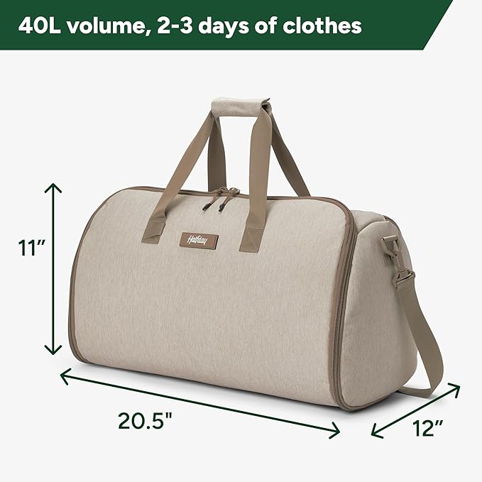 Halfday Convertible 2-in-1 Garment Duffel Weekender Bag 40L | Wrinkle-Free Travel, Hanging Suit Compartment, Shoe Pockets, Trolley Sleeve. Durable & Water-Resistant Carry-on, Stone