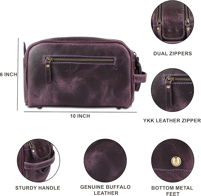 KomalC Travel Toiletry Bag – Premium Leather Dopp Kit for Men & Women with Water-Resistant Lining & Spacious Zippered Organizer