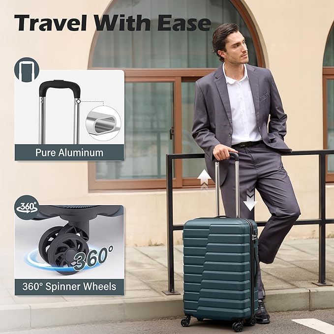 Coolife Medium Checked Luggage with Spinner Wheels, Hardside Suitcase TSA Lock Lightweight Travel Luggage 24-inch,Teal Blue