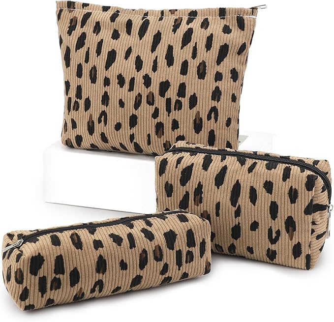 EIMMBD Makeup Bag 3 Pieces Large Capacity Cosmetic Bags Travel Toiletry Bag Organizer Cute Makeup Pouch Storage for Women(Brown Leopard)