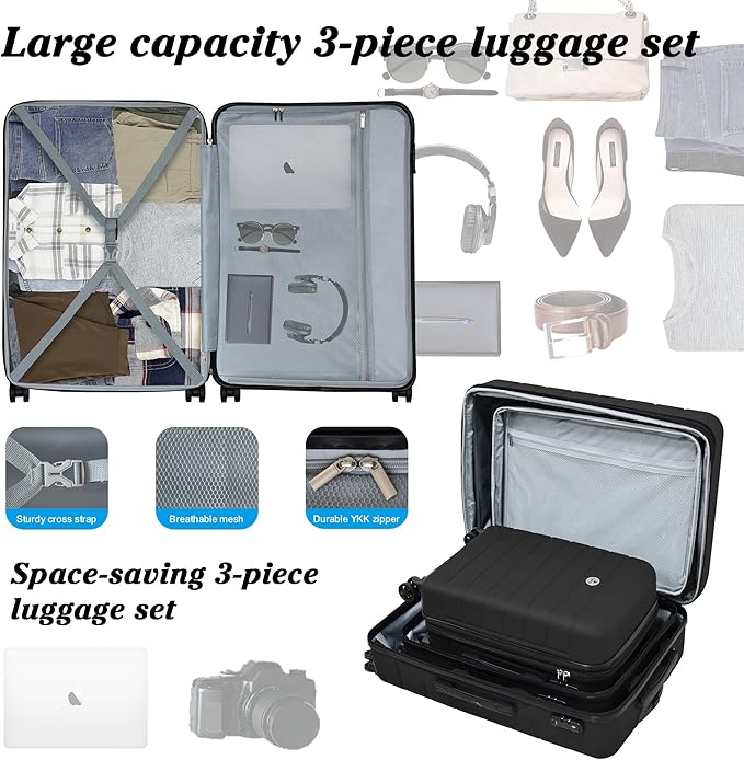 Classic 3-Piece Luggage Set with TSA Lock, Lightweight Suitcase with Spinner Wheels, Hardshell Expandable Carry-On Luggage, 20/24/28 inch, Black