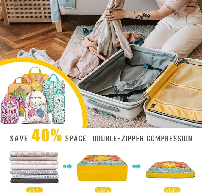 6 Set Packing Cubes Compression Bags for Travel, Floral Packing Organizers for Luggage with Shoe Bags for Packing In Suitcase, Colorful Compression Bags for Storage Trip and Family Vacation