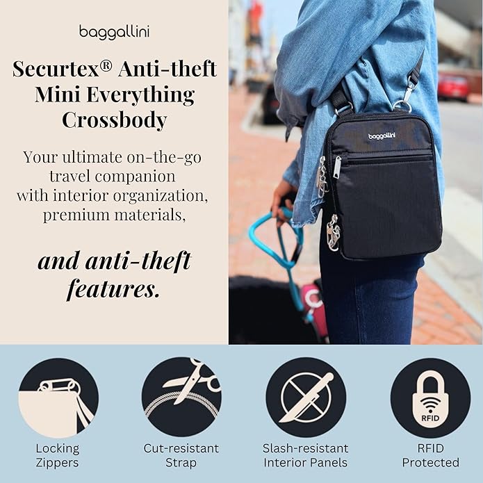 Baggallini Securtex® Anti-theft Mini Everything Crossbody Bag, 6.3"x8.25" Rfid, Locking Zippers & Cut-resistant Strap
