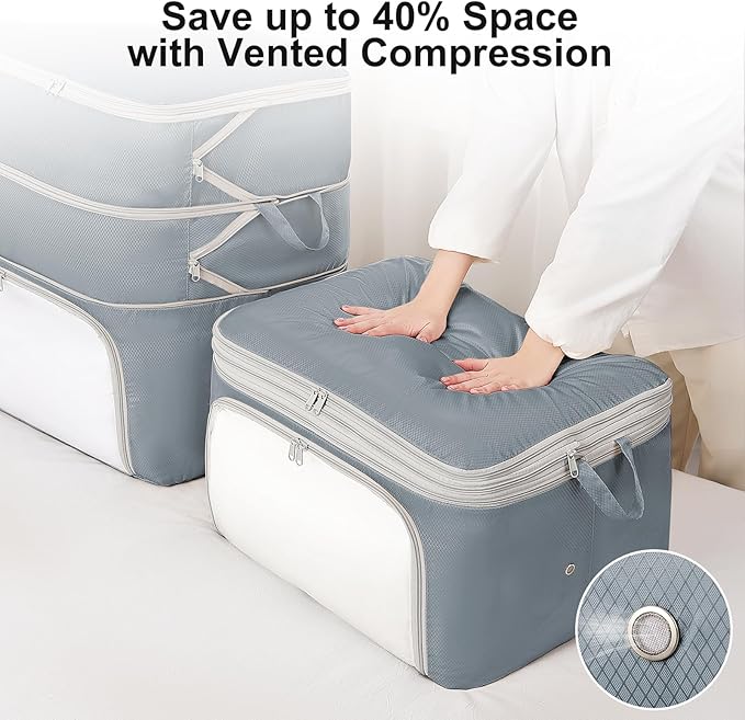 Comforter Storage Bag - 130L Blanket Storage Bags Front-opening Ultra Space Saving Self Compression Organizer, Washable Compression Bags for Storage Comforter Blanket, 1 Pack, Grey
