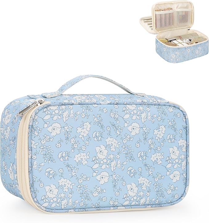 Relavel Travel Makeup Bag, Small Floral Cosmetic Bag with Makeup Brush Compartment, Portable Makeup Pouch for Women, Double Layer Makeup Organizer Bag Cute Toiletry Bag, White Flower