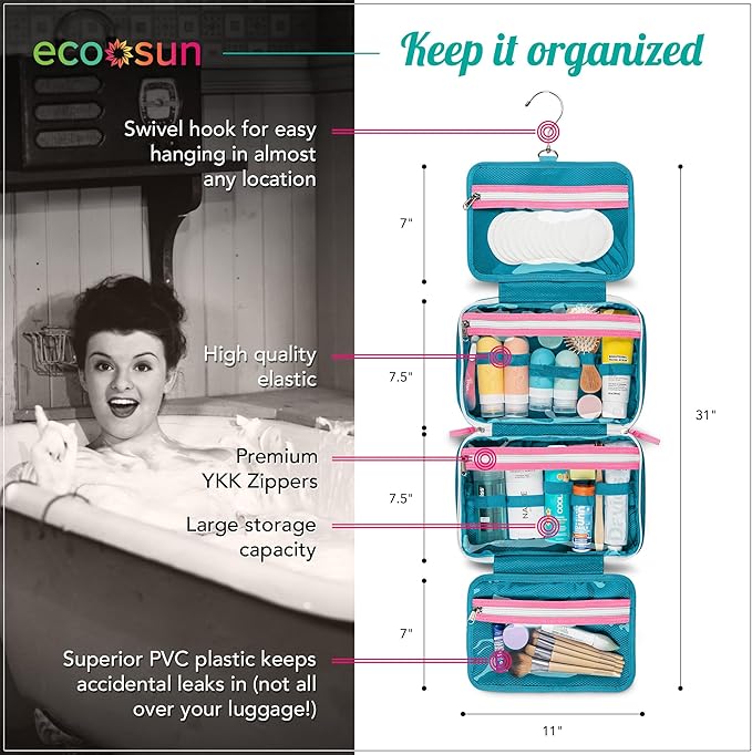 Eco Sun Hanging Travel Toiletry Bag — Designed in Hawaii — Water-Resistant Travel Organizer for Bathroom Accessories (Teal/Hot Pink)