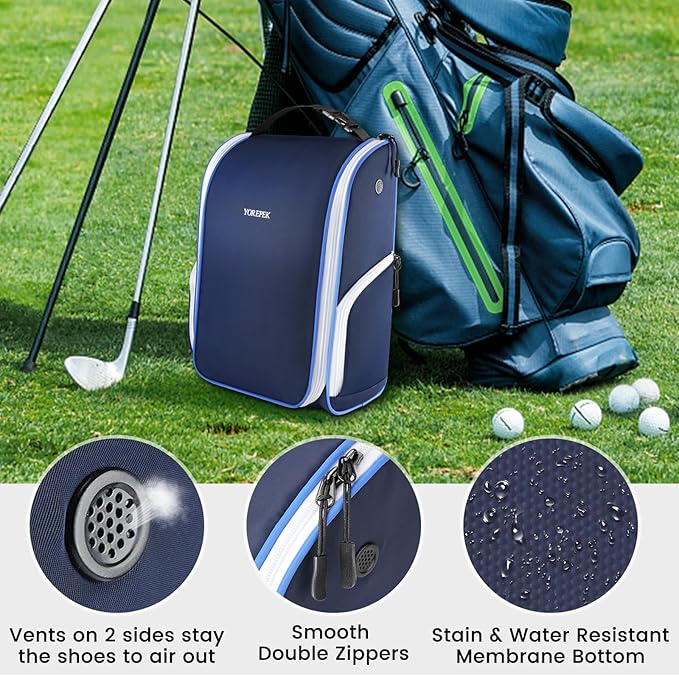 YOREPEK Golf Shoe Bag, with 3 Pockets for Socks, Gloves, Tees, Balls, Brush, Designed with a Buckle Top Carry Handle, Zippered Sport Shoe Carrier Bags with Ventilation, Golf Gifts for Men Unique,Blue