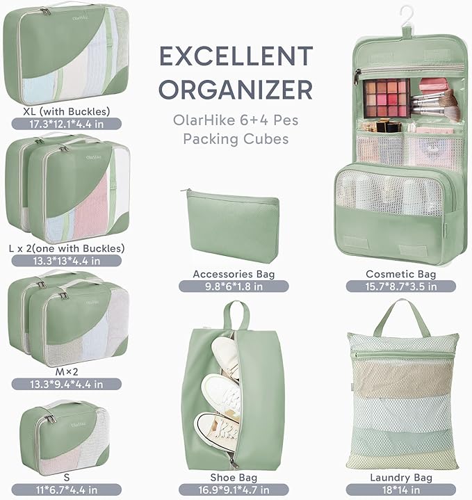10 Set Packing Cubes for Travel, Gifts for Women Mom,Anti-Tearing Suitcase Organizer for Luggage with Shoe & Hanging Toiletry Bag,OlarHike Vacation Essentials & Accessories for Cruise Ship